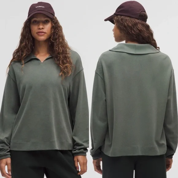 Lululemon Softstreme Pique Oversized Long-Sleeve Polo Shirt Palm Deco SZ S - Picture 1 of 13